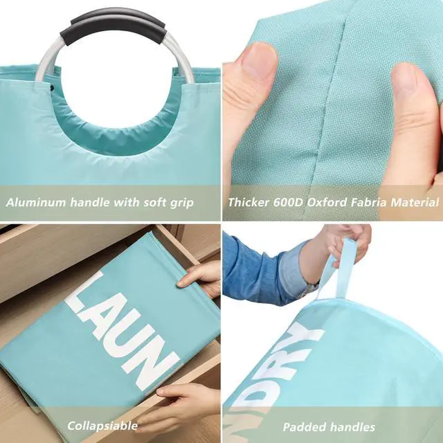 Alt view image 6 of 7 - 90L Large Laundry Basket, Freestanding Tall Clothes Hamper, Collapsible Laundry Bag, Light Blue