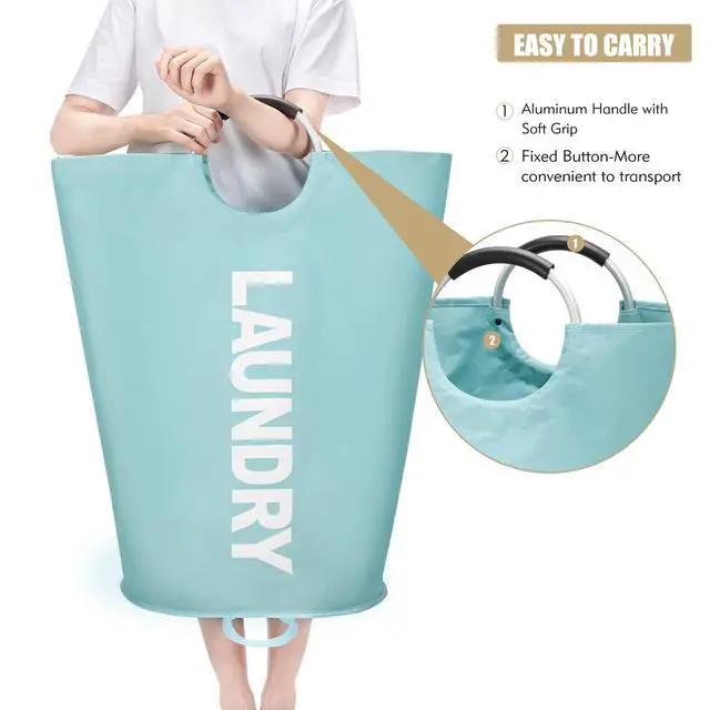 Alt view image 5 of 7 - 90L Large Laundry Basket, Freestanding Tall Clothes Hamper, Collapsible Laundry Bag, Light Blue