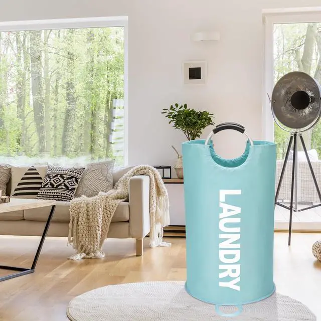 Alt view image 7 of 7 - 90L Large Laundry Basket, Freestanding Tall Clothes Hamper, Collapsible Laundry Bag, Light Blue