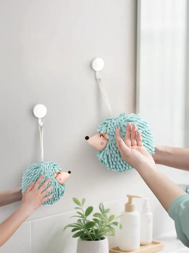 Alt view image 2 of 7 - Fuzzy Ball Hand Towels - Smiley Hedgehog Hand Towels Family Set Dry Your Hands Instantly and Conveniently with These Decorative Towels for Bathroom (2-Pack Aqua Mint)