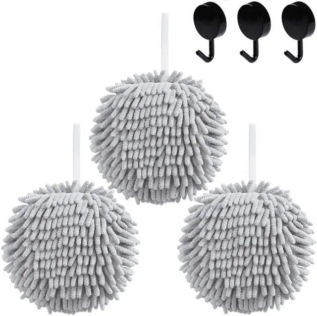 Main image of Chenille Hand Towel Set, 3 Pcs Hanging Soft Absorbent Decoration Fuzzy Ball Hand Towel for Bathroom/Kitchen with 3 Hooks (3 Grey)