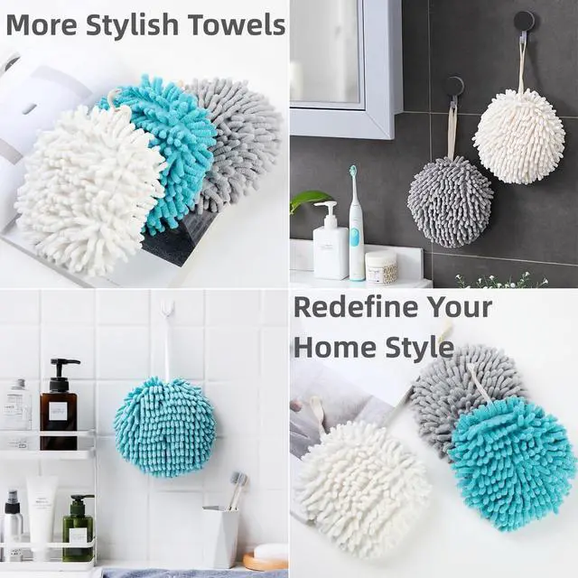 Alt view image 2 of 7 - Chenille Hand Towel Set, 3 Pcs Hanging Soft Absorbent Decoration Fuzzy Ball Hand Towel for Bathroom/Kitchen with 3 Hooks (3 Grey)