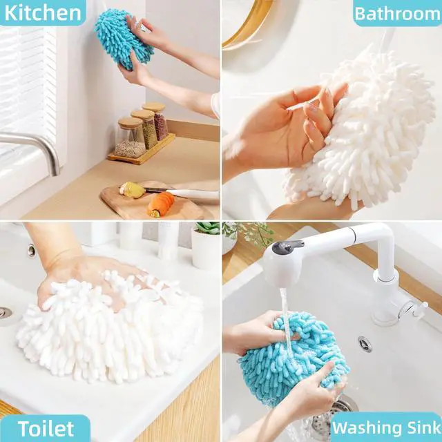 Alt view image 5 of 7 - Chenille Hand Towel Set, 3 Pcs Hanging Soft Absorbent Decoration Fuzzy Ball Hand Towel for Bathroom/Kitchen with 3 Hooks (3 Grey)
