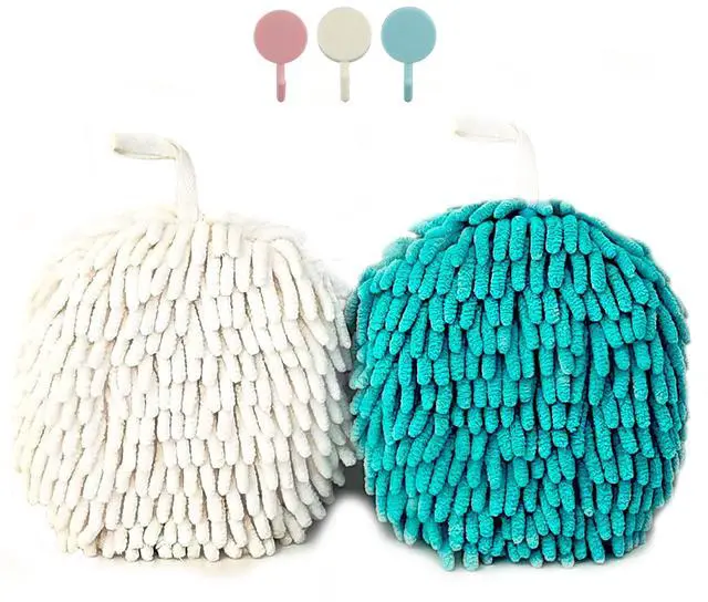 Main image of 2 Pack Soft Hand Drying Hanging Ball Towels for Bathroom Microfiber Decorative Kitchen Fuzzy Ball Plush Sponge Cute Chenille Hand Towels with Hanging Loops (White and Sky Blue)