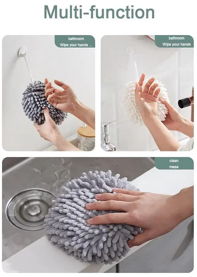 Alt view image 5 of 6 - 2 Pack Soft Hand Drying Hanging Ball Towels for Bathroom Microfiber Decorative Kitchen Fuzzy Ball Plush Sponge Cute Chenille Hand Towels with Hanging Loops (White and Sky Blue)