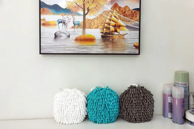Alt view image 2 of 6 - 2 Pack Soft Hand Drying Hanging Ball Towels for Bathroom Microfiber Decorative Kitchen Fuzzy Ball Plush Sponge Cute Chenille Hand Towels with Hanging Loops (White and Sky Blue)
