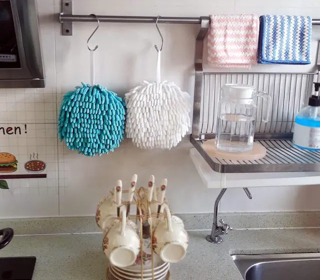 Alt view image 3 of 6 - 2 Pack Soft Hand Drying Hanging Ball Towels for Bathroom Microfiber Decorative Kitchen Fuzzy Ball Plush Sponge Cute Chenille Hand Towels with Hanging Loops (White and Sky Blue)