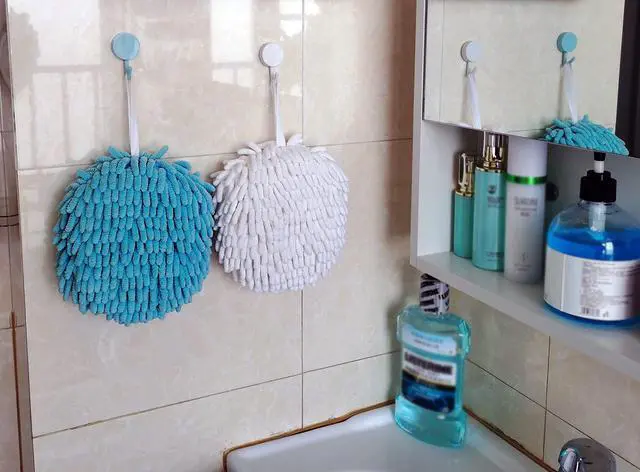 Alt view image 4 of 6 - 2 Pack Soft Hand Drying Hanging Ball Towels for Bathroom Microfiber Decorative Kitchen Fuzzy Ball Plush Sponge Cute Chenille Hand Towels with Hanging Loops (White and Sky Blue)