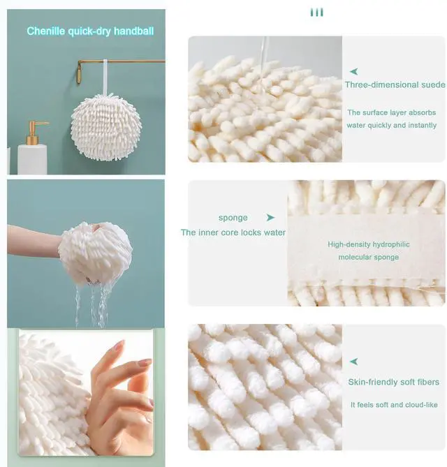 Alt view image 6 of 6 - 2 Pack Soft Hand Drying Hanging Ball Towels for Bathroom Microfiber Decorative Kitchen Fuzzy Ball Plush Sponge Cute Chenille Hand Towels with Hanging Loops (White and Sky Blue)