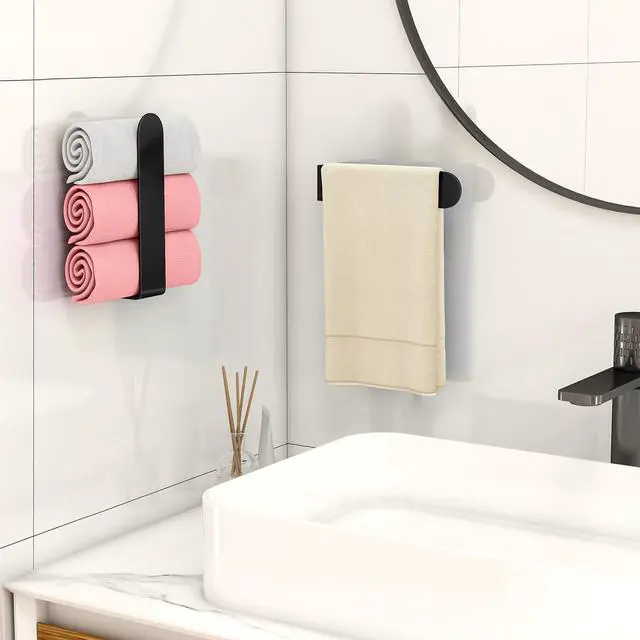 Alt view image 6 of 7 - Hand Towel Holder, Self Adhesive Towel Racks for Bathroom Wall Mounted, 8 Inch Square Hand Towel Bar Stick on Wall for Kitchen Cabinet RV, Black (2 Pack)