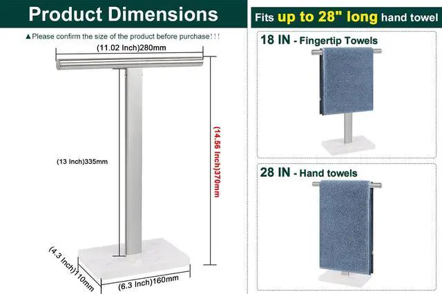 Alt view image 2 of 7 - Hand Towel Holder, T-Shape Hand Towel Stand for Bathroom, Hand Towel Rack Bar Standing for Vanity Kitchen Countertop, 304 Stainless Steel (Marble Base, Brushed)