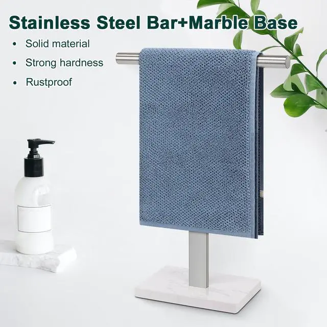 Alt view image 4 of 7 - Hand Towel Holder, T-Shape Hand Towel Stand for Bathroom, Hand Towel Rack Bar Standing for Vanity Kitchen Countertop, 304 Stainless Steel (Marble Base, Brushed)