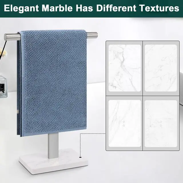 Alt view image 5 of 7 - Hand Towel Holder, T-Shape Hand Towel Stand for Bathroom, Hand Towel Rack Bar Standing for Vanity Kitchen Countertop, 304 Stainless Steel (Marble Base, Brushed)