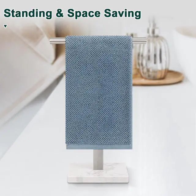 Alt view image 7 of 7 - Hand Towel Holder, T-Shape Hand Towel Stand for Bathroom, Hand Towel Rack Bar Standing for Vanity Kitchen Countertop, 304 Stainless Steel (Marble Base, Brushed)