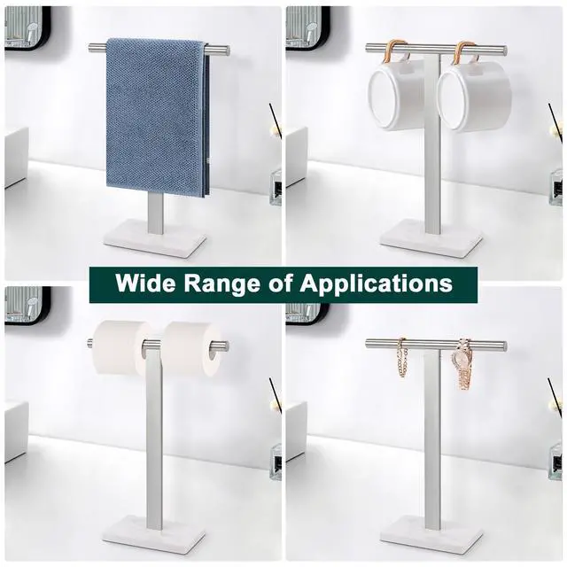 Alt view image 6 of 7 - Hand Towel Holder, T-Shape Hand Towel Stand for Bathroom, Hand Towel Rack Bar Standing for Vanity Kitchen Countertop, 304 Stainless Steel (Marble Base, Brushed)