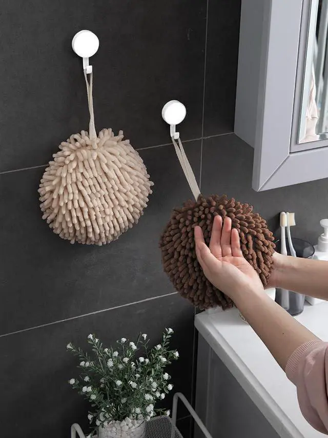 Alt view image 2 of 7 - Fuzzy Ball Towel (Set of 2) Creamy and Brown - Dry Your Hand conveniently with This Creative Bath Towel Set Decorative Towels for Bathroom (Pack of 2)