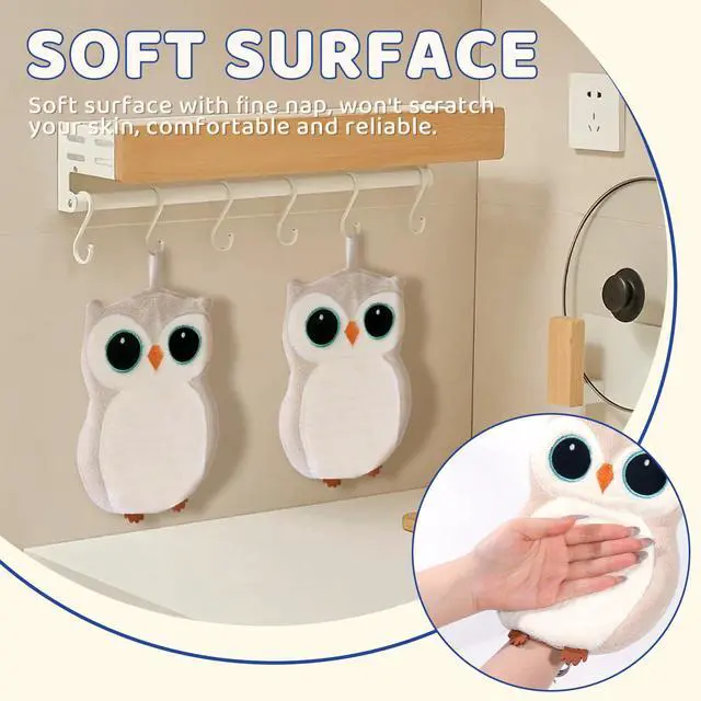 Alt view image 3 of 7 - Owl Coral Fleece Wall Mounted Hand Towels 2 Pack, Off White Cute Decorative Hand Towels with Hanging Loop, Quick Dry High Absorbent Soft Towels for Bathroom Kitchen Farmhouse Decor