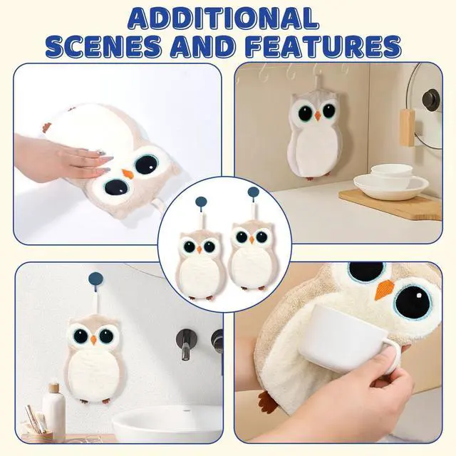 Alt view image 5 of 7 - Owl Coral Fleece Wall Mounted Hand Towels 2 Pack, Off White Cute Decorative Hand Towels with Hanging Loop, Quick Dry High Absorbent Soft Towels for Bathroom Kitchen Farmhouse Decor