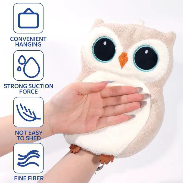 Alt view image 6 of 7 - Owl Coral Fleece Wall Mounted Hand Towels 2 Pack, Off White Cute Decorative Hand Towels with Hanging Loop, Quick Dry High Absorbent Soft Towels for Bathroom Kitchen Farmhouse Decor