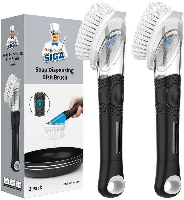 Main image of Soap Dispensing Dish Brush, Kitchen Brush for Pot Pan Sink Cleaning, Black, Pack of 2