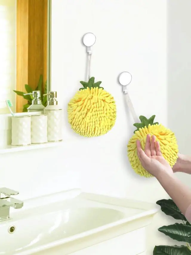 Alt view image 2 of 7 - Fuzzy Ball Hand Towels (Set of 2) - Dry Your Hands Instantly and conveniently with This Creative Hand Towel Fruit Themed Decorative Towels for Bathroom (Pack of 2, Yellow Pineapple)