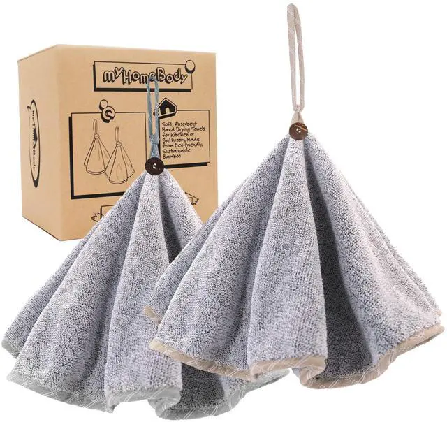 Main image of Hand Towels with Hanging Loops, Absorbent Charcoal Fiber Cleaning Clothes with Coconut Shell Button for Kitchen, Round Shape, Set of 2, Grey