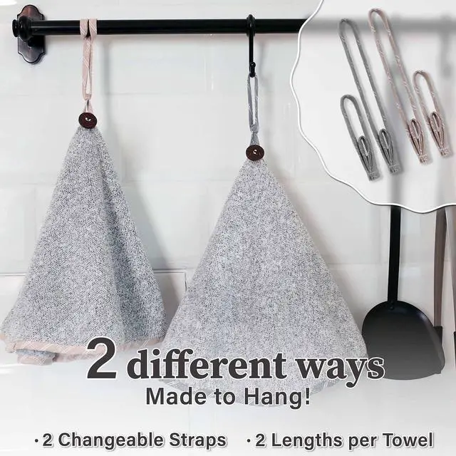 Alt view image 3 of 6 - Hand Towels with Hanging Loops, Absorbent Charcoal Fiber Cleaning Clothes with Coconut Shell Button for Kitchen, Round Shape, Set of 2, Grey