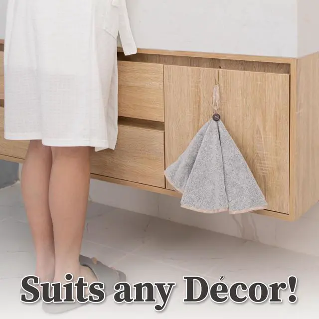 Alt view image 4 of 6 - Hand Towels with Hanging Loops, Absorbent Charcoal Fiber Cleaning Clothes with Coconut Shell Button for Kitchen, Round Shape, Set of 2, Grey