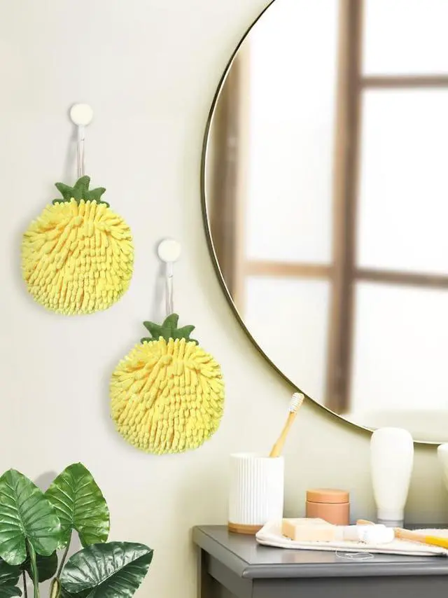 Alt view image 3 of 7 - Fuzzy Ball Hand Towels (Set of 2) - Dry Your Hands Instantly and conveniently with This Creative Hand Towel Fruit Themed Decorative Towels for Bathroom (Pack of 2, Yellow Pineapple)
