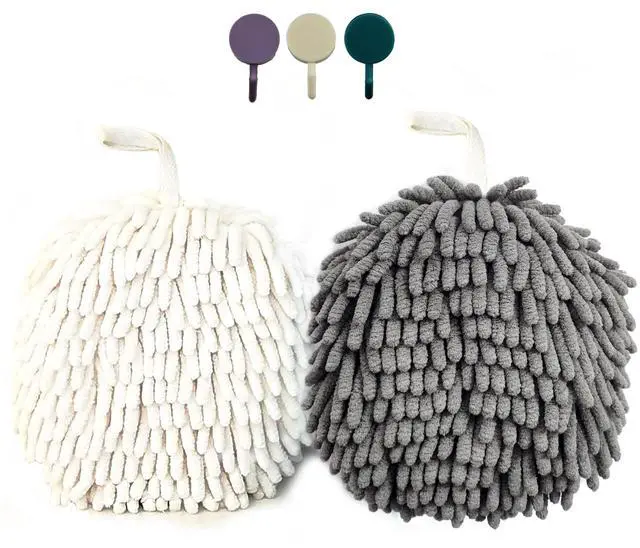 Main image of Chenille Hand Towel, Cute Flat Ball Shape, Thickened Sponge Instant Absorbent Quick-Drying Towel, Kitchen Bathroom Hanging Convenient Quick-Drying (White Gray)