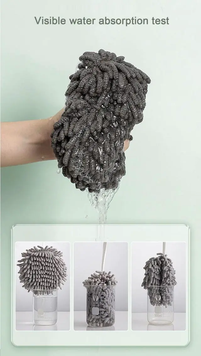 Alt view image 6 of 6 - Chenille Hand Towel, Cute Flat Ball Shape, Thickened Sponge Instant Absorbent Quick-Drying Towel, Kitchen Bathroom Hanging Convenient Quick-Drying (White Gray)