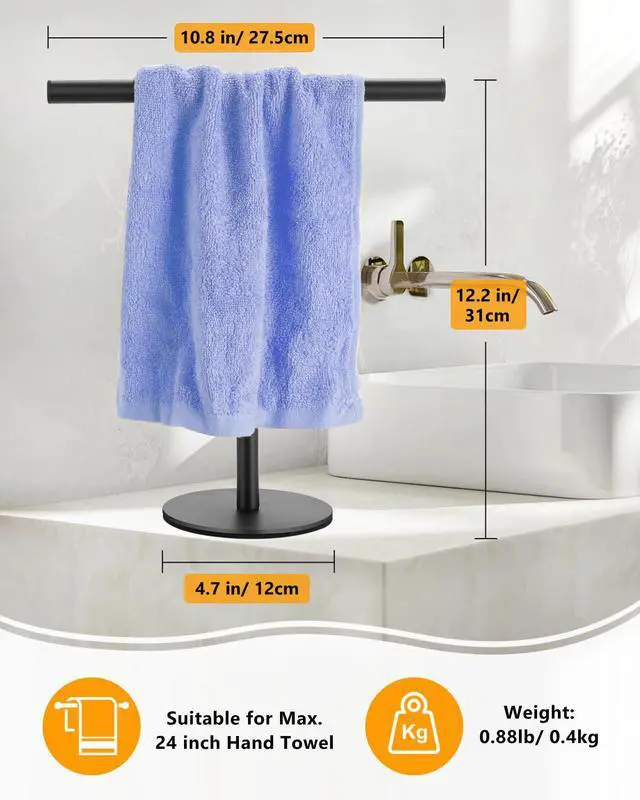 Alt view image 2 of 7 - Hand Towel Holder, Bathroom Towel Racks, Countertop Towel Stand, T-Shape Towel Holder for Kitchen, Matte Black Standing Towel Bar