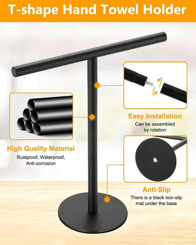 Alt view image 3 of 7 - Hand Towel Holder, Bathroom Towel Racks, Countertop Towel Stand, T-Shape Towel Holder for Kitchen, Matte Black Standing Towel Bar