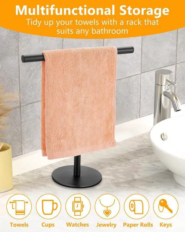 Alt view image 4 of 7 - Hand Towel Holder, Bathroom Towel Racks, Countertop Towel Stand, T-Shape Towel Holder for Kitchen, Matte Black Standing Towel Bar