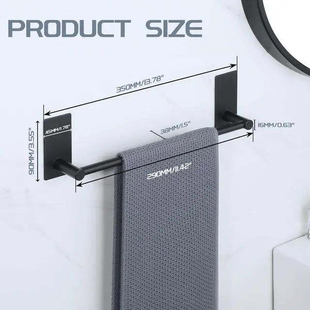 Alt view image 2 of 7 - Adhesive Towel Bar 12 Inch Towel Racks for Bathroom SUS 304 Stainless Steel,Bathroom Towel Holder No Drill, Strong Self Adhesive Towel Hanger Wall Mounted,Matte Black