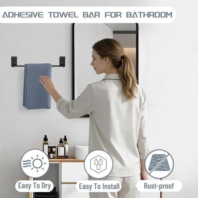 Alt view image 3 of 7 - Adhesive Towel Bar 12 Inch Towel Racks for Bathroom SUS 304 Stainless Steel,Bathroom Towel Holder No Drill, Strong Self Adhesive Towel Hanger Wall Mounted,Matte Black