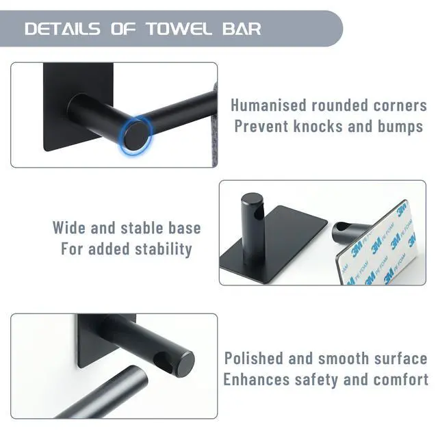 Alt view image 6 of 7 - Adhesive Towel Bar 12 Inch Towel Racks for Bathroom SUS 304 Stainless Steel,Bathroom Towel Holder No Drill, Strong Self Adhesive Towel Hanger Wall Mounted,Matte Black
