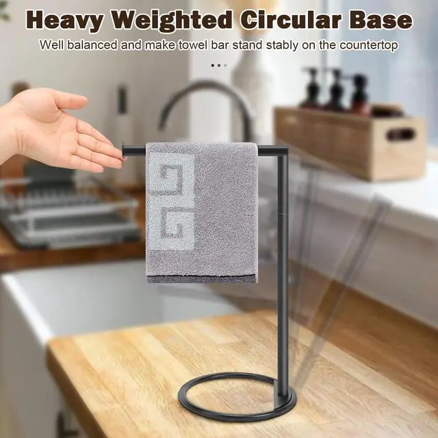 Alt view image 5 of 6 - Hand Towel Holder Stand, Thicken Metal L Shape Hand Towel Rack, Small Towel Ring, Stable Standing Towel Bar for Bathroom Kitchen Vanity Countertop, 8 L 14 H (Matte Black, 1 Pack)