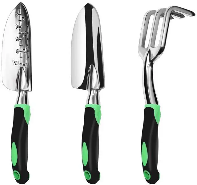 Main image of Garden Tool Set, 3 Pack Aluminum Heavy Duty Gardening Kit Includes Hand Trowel, Transplant Trowel and Cultivator Hand Rake with Soft Rubberized Non-Slip Ergonomic Handle, Garden Gifts