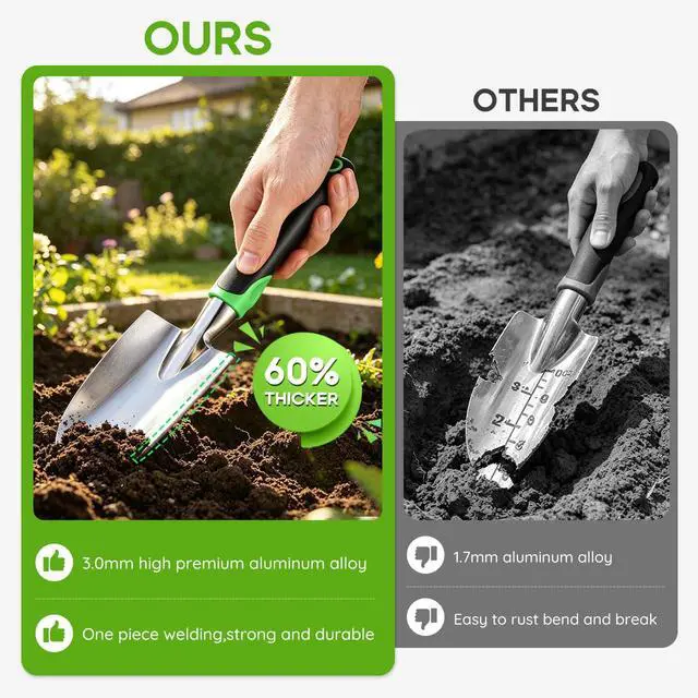 Alt view image 2 of 7 - Garden Tool Set, 3 Pack Aluminum Heavy Duty Gardening Kit Includes Hand Trowel, Transplant Trowel and Cultivator Hand Rake with Soft Rubberized Non-Slip Ergonomic Handle, Garden Gifts