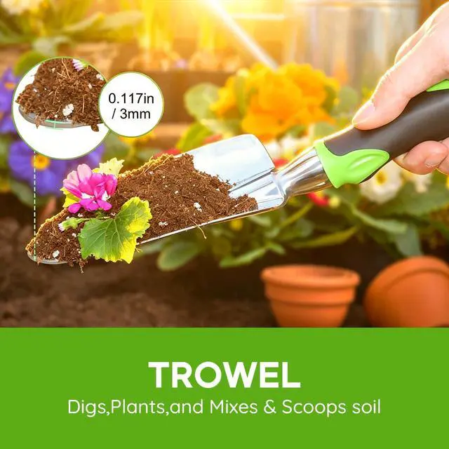 Alt view image 3 of 7 - Garden Tool Set, 3 Pack Aluminum Heavy Duty Gardening Kit Includes Hand Trowel, Transplant Trowel and Cultivator Hand Rake with Soft Rubberized Non-Slip Ergonomic Handle, Garden Gifts