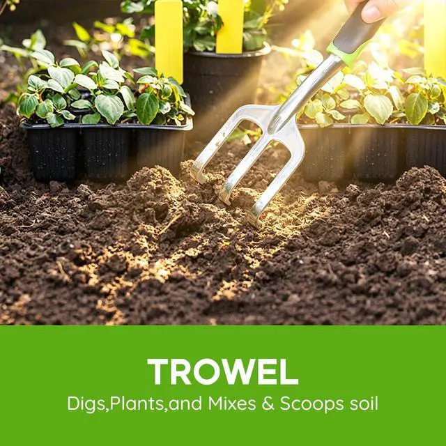 Alt view image 5 of 7 - Garden Tool Set, 3 Pack Aluminum Heavy Duty Gardening Kit Includes Hand Trowel, Transplant Trowel and Cultivator Hand Rake with Soft Rubberized Non-Slip Ergonomic Handle, Garden Gifts