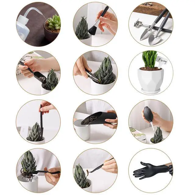 Alt view image 2 of 7 - 25Pcs Mini Garden Hand Transplanting Succulent Tools Set, 39.4" Thickened Repotting Mat & Plant Tag, Miniature Planting Indoor Fairy Care, Potting, Cactus, Houseplant Bonsai Tool Kit (Black)