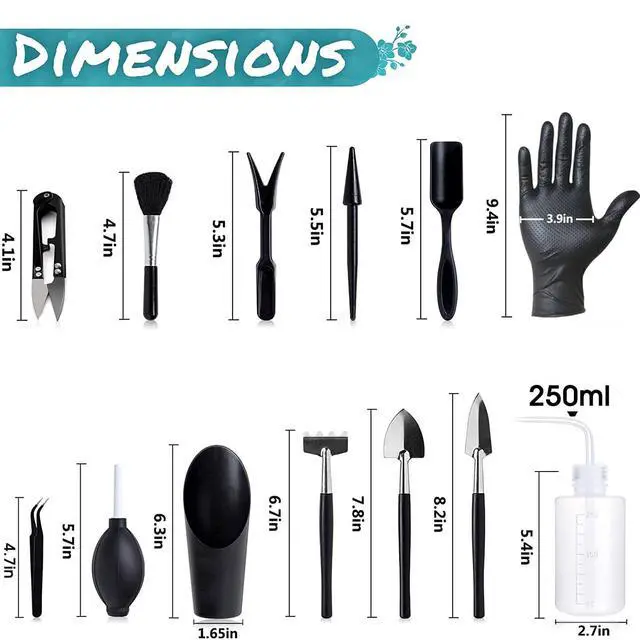Alt view image 6 of 7 - 25Pcs Mini Garden Hand Transplanting Succulent Tools Set, 39.4" Thickened Repotting Mat & Plant Tag, Miniature Planting Indoor Fairy Care, Potting, Cactus, Houseplant Bonsai Tool Kit (Black)