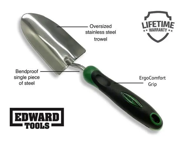 Alt view image 2 of 4 - Bend-Proof Garden Trowel - Heavy Duty Polished Stainless Steel - Rust Resistant Oversized Garden Hand Shovel for Quicker Work - Digs Through Rocky/Heavy soils - Comfort Grip (1)