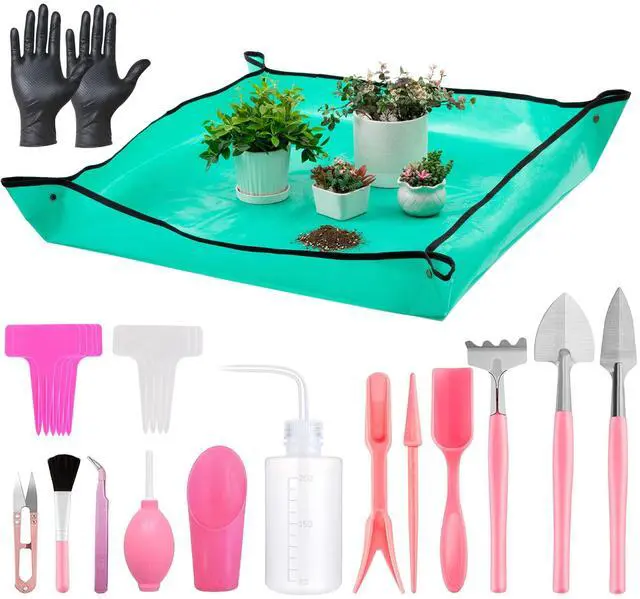 Main image of 25Pcs Mini Garden Hand Transplanting Succulent Tools Set, 39.4" Thickened Repotting Mat & Plant Tag, Miniature Planting Indoor Fairy Care, Potting, Cactus, Houseplant Bonsai Tool Kit (Pink)