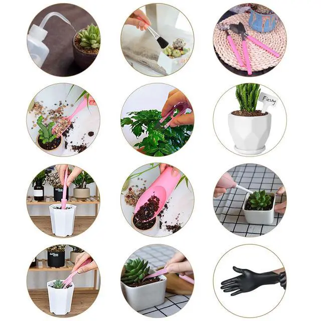 Alt view image 2 of 7 - 25Pcs Mini Garden Hand Transplanting Succulent Tools Set, 39.4" Thickened Repotting Mat & Plant Tag, Miniature Planting Indoor Fairy Care, Potting, Cactus, Houseplant Bonsai Tool Kit (Pink)