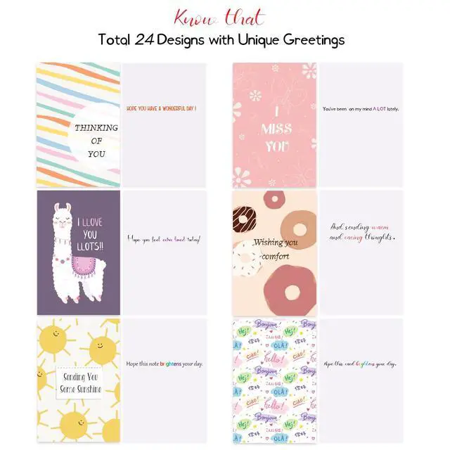 Alt view image 3 of 7 - 24 Pack Thinking of You Cards Assortment with Self-adhesive Envelopes, 4"x6" Boxed Prefilled Greeting Note Cards to Friends, Relatives or Loved One