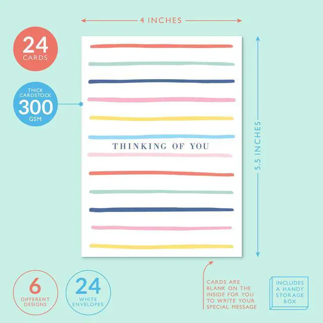 Alt view image 2 of 7 - Thinking of You Cards with Envelopes, Set of 24 Boxed Greeting Cards, 300gsm Note Sheets, (120gsm) Envelopes. Just Because and Kindness designs