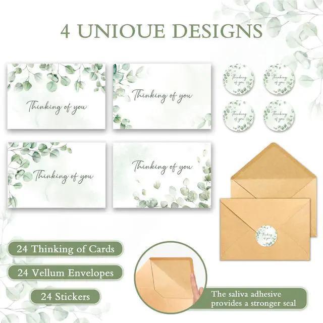 Alt view image 4 of 6 - 24 Thinking of You Cards with Envelopes, 4x6 Inch Watercolor Eucalyptus Leaves 4 Designs, Note Greeting Encouragement Sympathy Condolences Card for Family, Friends - Blank Inside